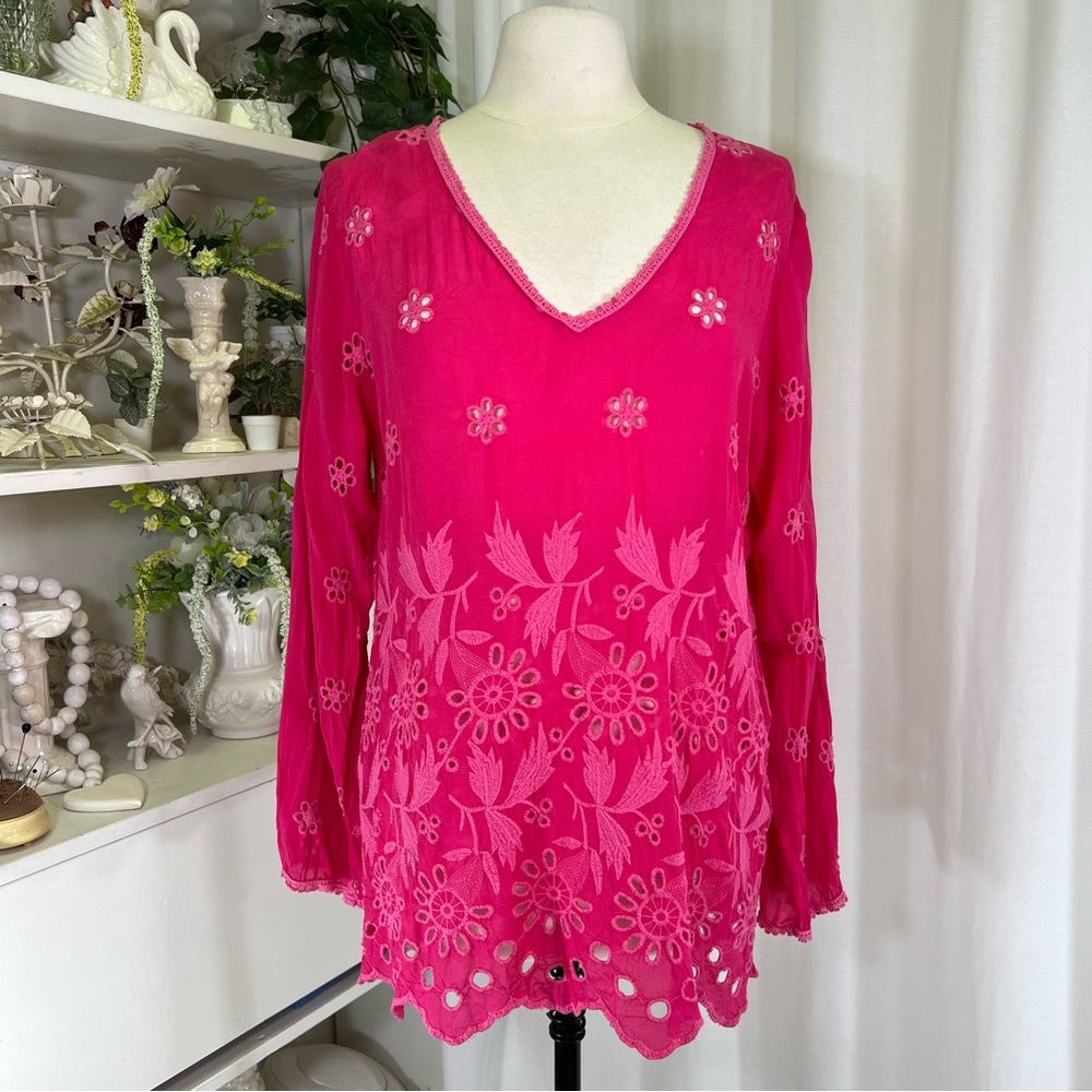 Johnny Was Fuchsia Floral Embroidered Blouse